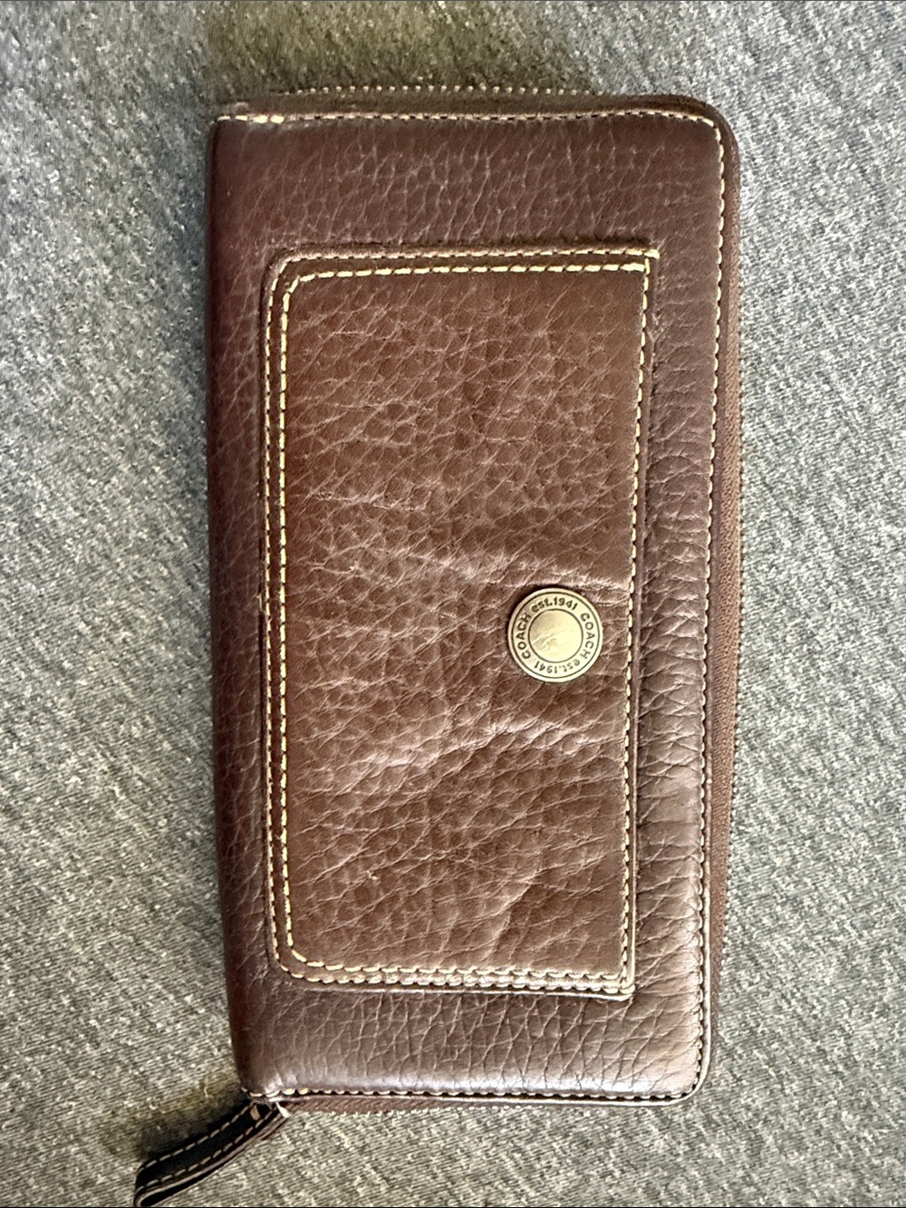 Coach Brown Pebbled Leather Zip Card Holder Wallet